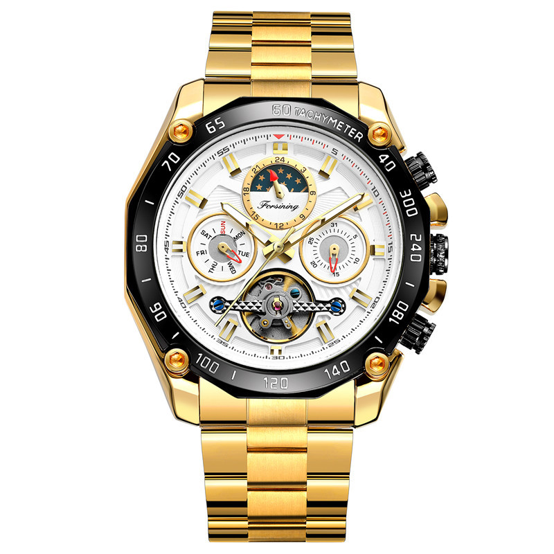 FORSINING hombres de negocios correa de acero reloj mecánico automático multifunción reloj de seis pines Placa de reloj mecánico 6913