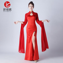 新款水袖古典舞蹈服改良修身旗袍中国风舞台演出开叉连衣裙表演服