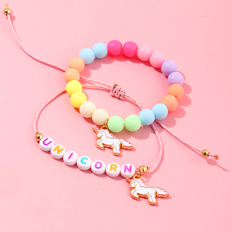 Korean Candy Color Letters Children's Beaded Unicorn Bracelet Two-piece Set Wholesale Nihaojewelry display picture 2