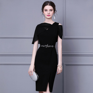Small black dress with waist closing and thin summer style