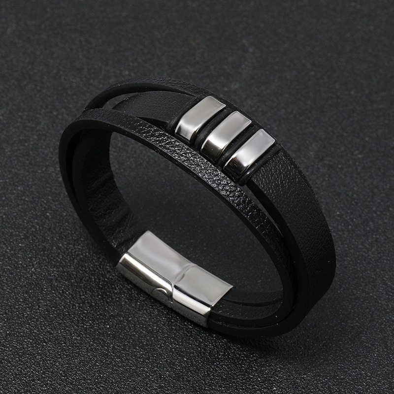 retro black PU stainless steel menu0027s leather bracelet