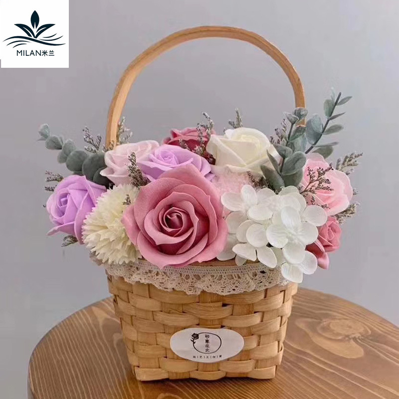 Día de la madre encaje pequeña flor cesta de ratán de mano jardín calabaza cesta viruta de madera tejida flor floral arreglo cesta flor embalaje