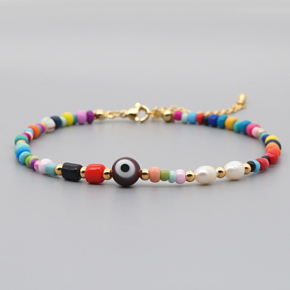 Bohemian Ethnic Style Eye Beads Rainbow Rice Beads Baroque Natural Freshwater Pearl Anklet Women display picture 5