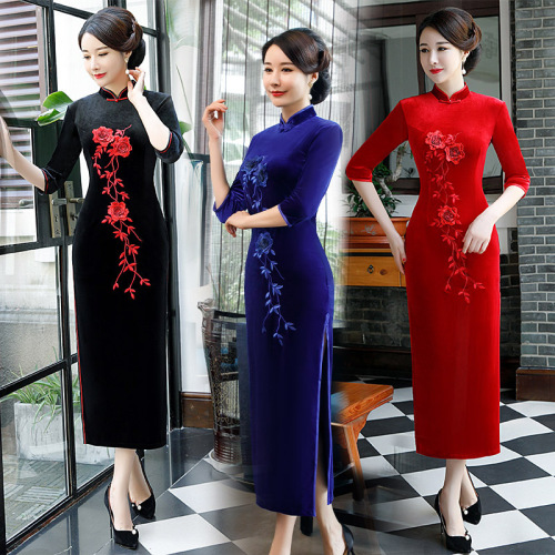 Chinese Dress Qipao for women cheongsam Antique long embroidered velvet sleeve cheongsam special price cheongsam