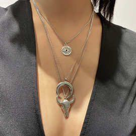 欧美跨境饰品 民族风牛头月牙多层项链 简约几何圆片眼睛项饰女