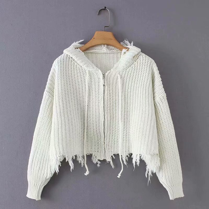 Chaqueta de Punto con Capucha y Borlas para Mujer, Estilo Europeo y Americano, Comercio Exterior Transfronterizo de Amazon, Suéter con Cremallera, Chaqueta de Punto, 2025