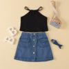 Off shoulder cotton knitted black top + button denim skirt suit