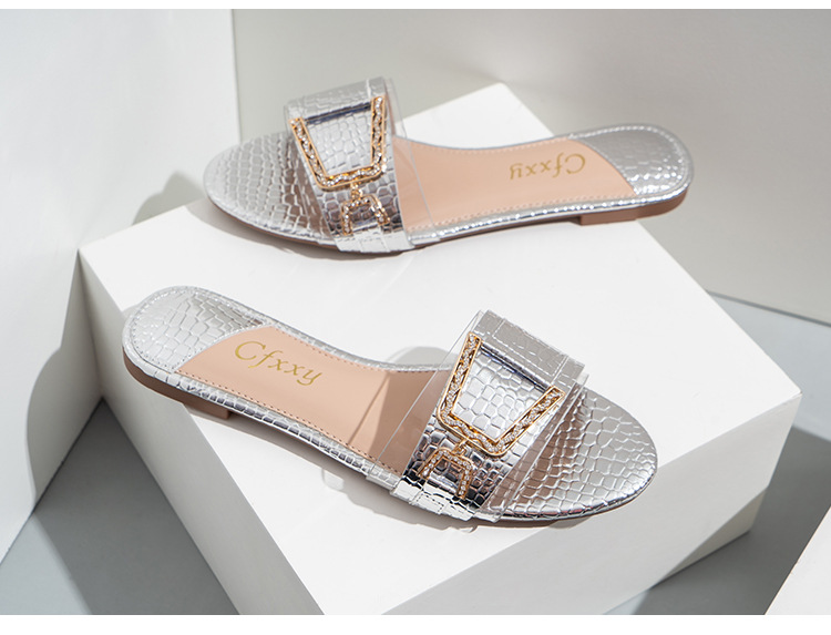 Cfxxy Cross Border Stone Pattern Flat Women S Sandales Pantoufles Mode Strass Boucle De Ceinture_voghion.com