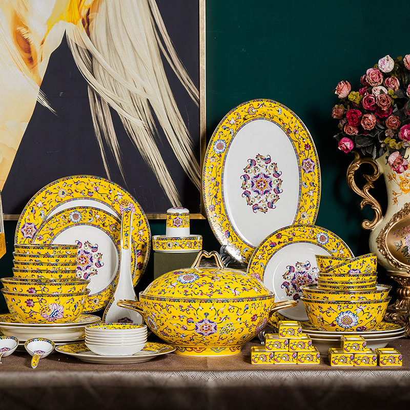 High-end Enamel Color Tableware Set Will Sell Bone China Gifts Jingdezhen Ceramic Dishes Wedding Home Straight Hair