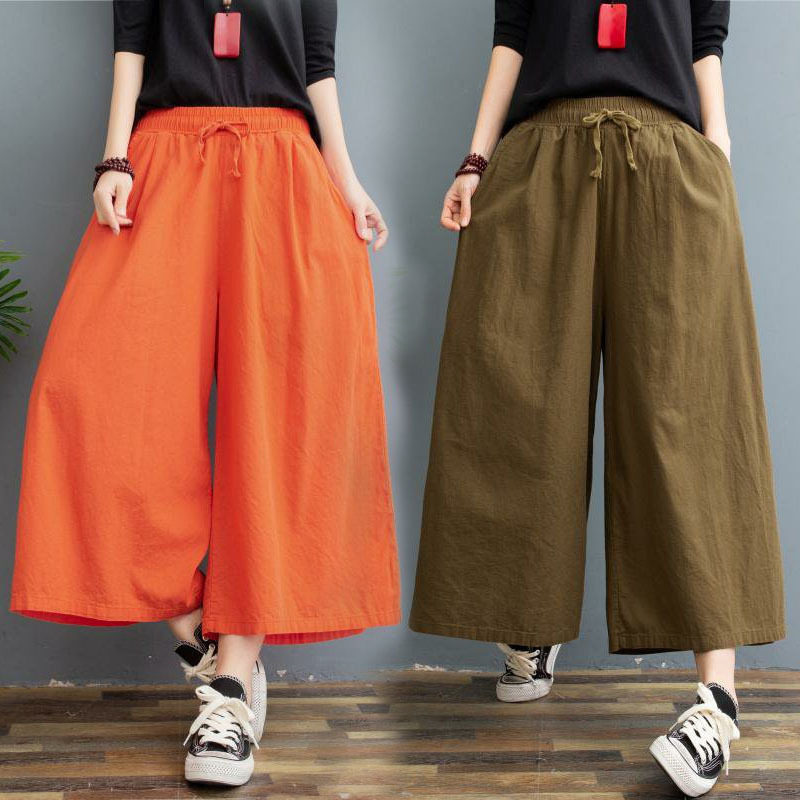 New cotton linen wide leg pants women's summer large size loose linen eight points casual skirt wide leg ramie big feet