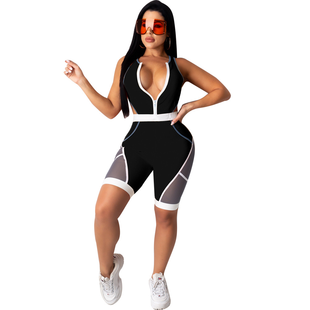slim-fit zipper mesh see-through color-blocking jumpsuit Nihaostyles wholesale clothing vendor NSTYF72914