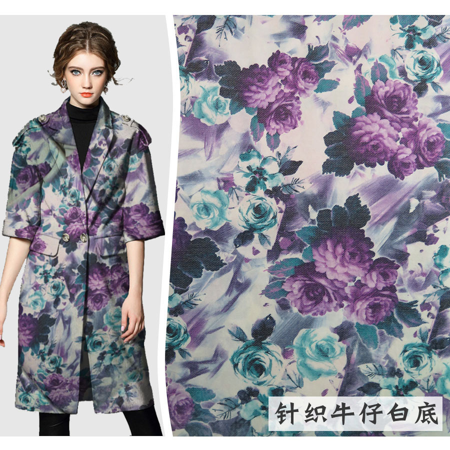 印花面料 针织牛仔白底涤棉斜纹 花卉抽象花型 女装时装外套布料|ru