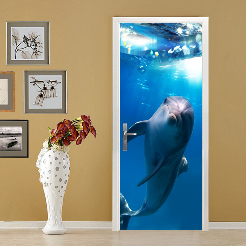 创意3D门贴翻新自粘贴纸装饰卧室客厅墙贴门贴海洋海豚跨境货源