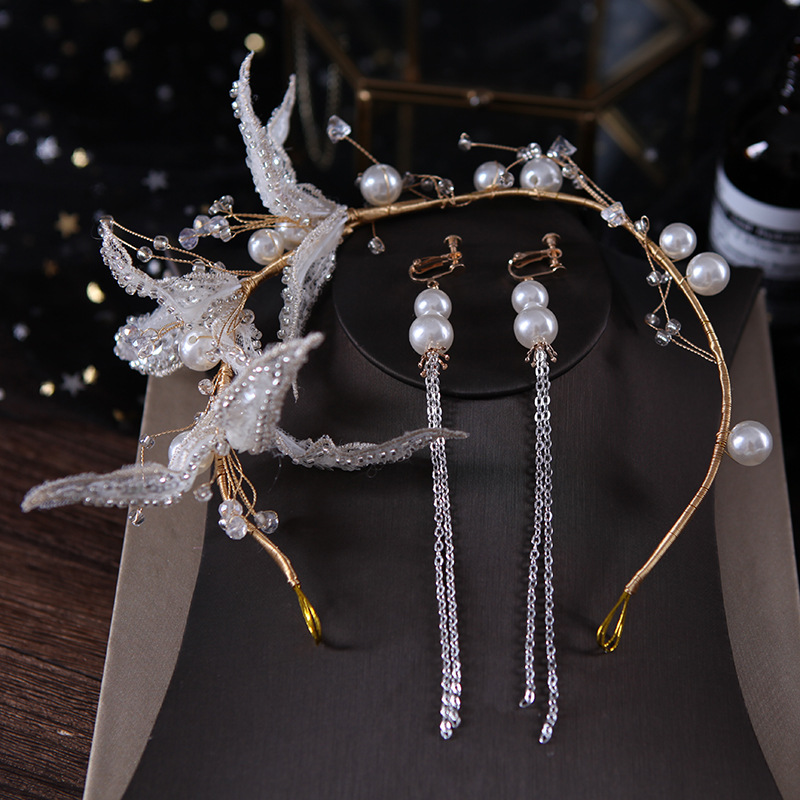 Korean temperament Sin Mei Wedding dress full dress Accessories bride Headdress manual Sequins Pearl leaf Hair hoop Earrings suit