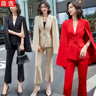 美容师团体服正红保险师职业西服套装新款斗篷西装活动正装秋商务