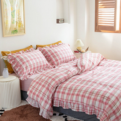 Northern Europe ins Four piece suit Cotton pure cotton lace sheet dormitory Single Three lattice Simplicity The bed Supplies