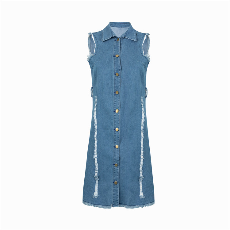 fashion sleeveless waist tie denim dress NSWL63935