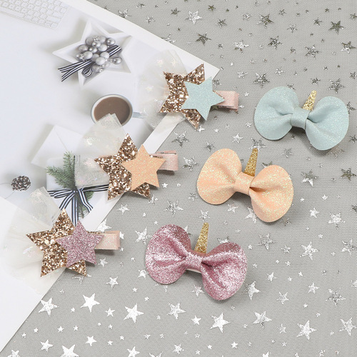 20904 Children's Unicorn Decorative Hairpin Glitter Bow Star Hair Accessories New Baby Hair Accessories Pressure Clip