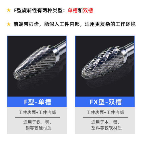 Tungsten steel grinding head carbide rotary file arc round head milling cutter metal grinding and engraving single and double groove F type