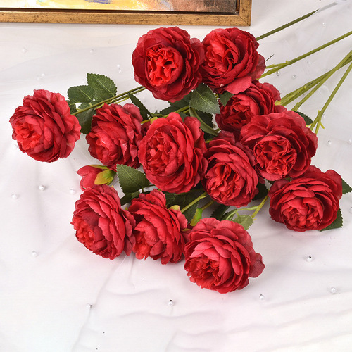 厂家批发欧式3头西洋牡丹仿真花 居家婚庆装饰假花洋玫瑰人造花