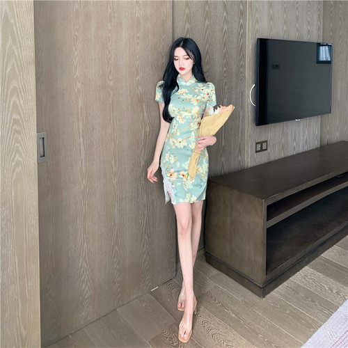 Green floral Chinese Dress qiapo retro cheongsam dress for women girls young girl restoring ancient ways to wear sexy dress Chinese wind