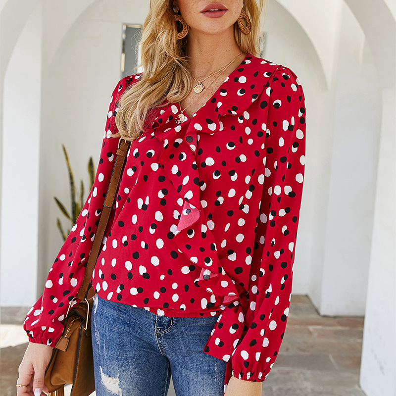 V-neck loose long sleeve polka dot top NSKA6988