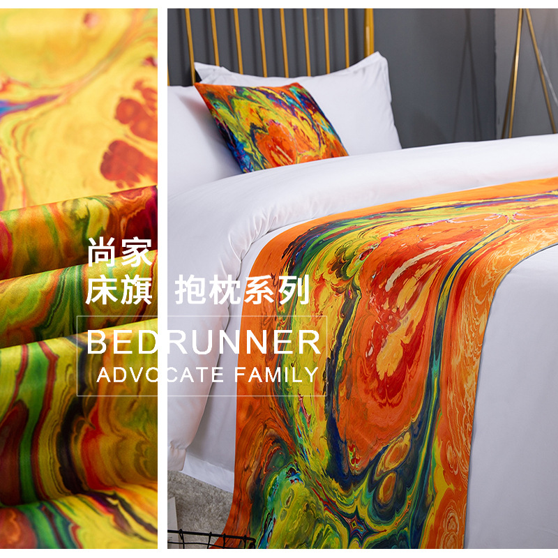 宾馆民宿客栈床旗盖垫售楼展厅搭巾桔油画艺术度假酒店床尾巾抱枕|ms