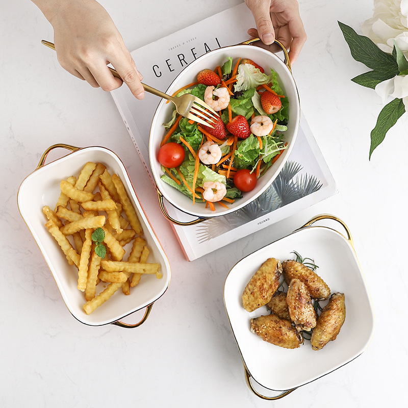 Nórdico binaural pan cerámica creativa borde dorado queso Placa de arroz al horno plato occidental ensaladera horno microondas horno placa tazón