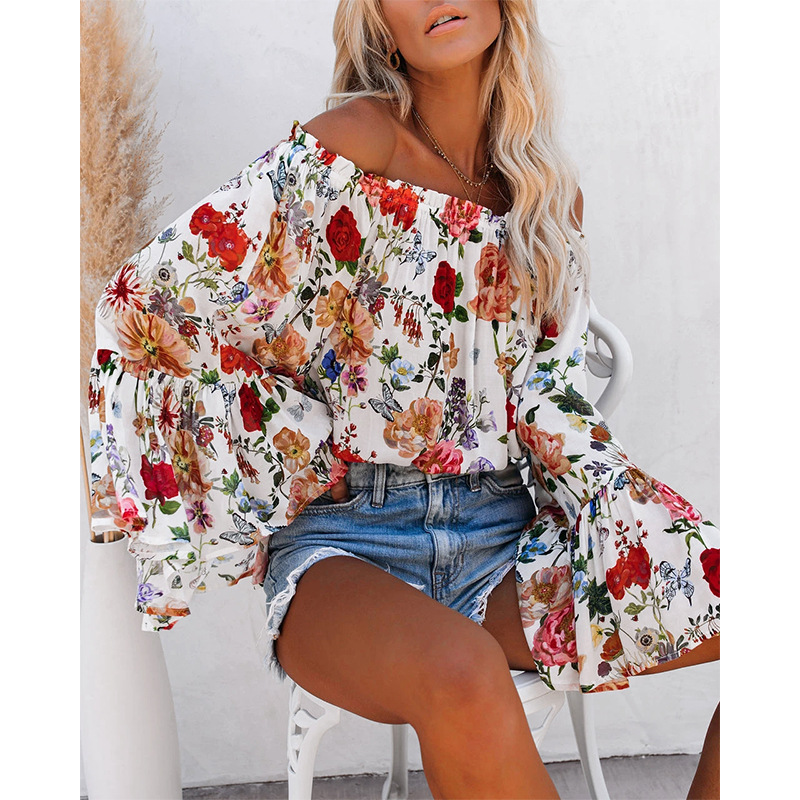 new sexy loose floral printed pleated off-shoulder shirt NSMAN53300