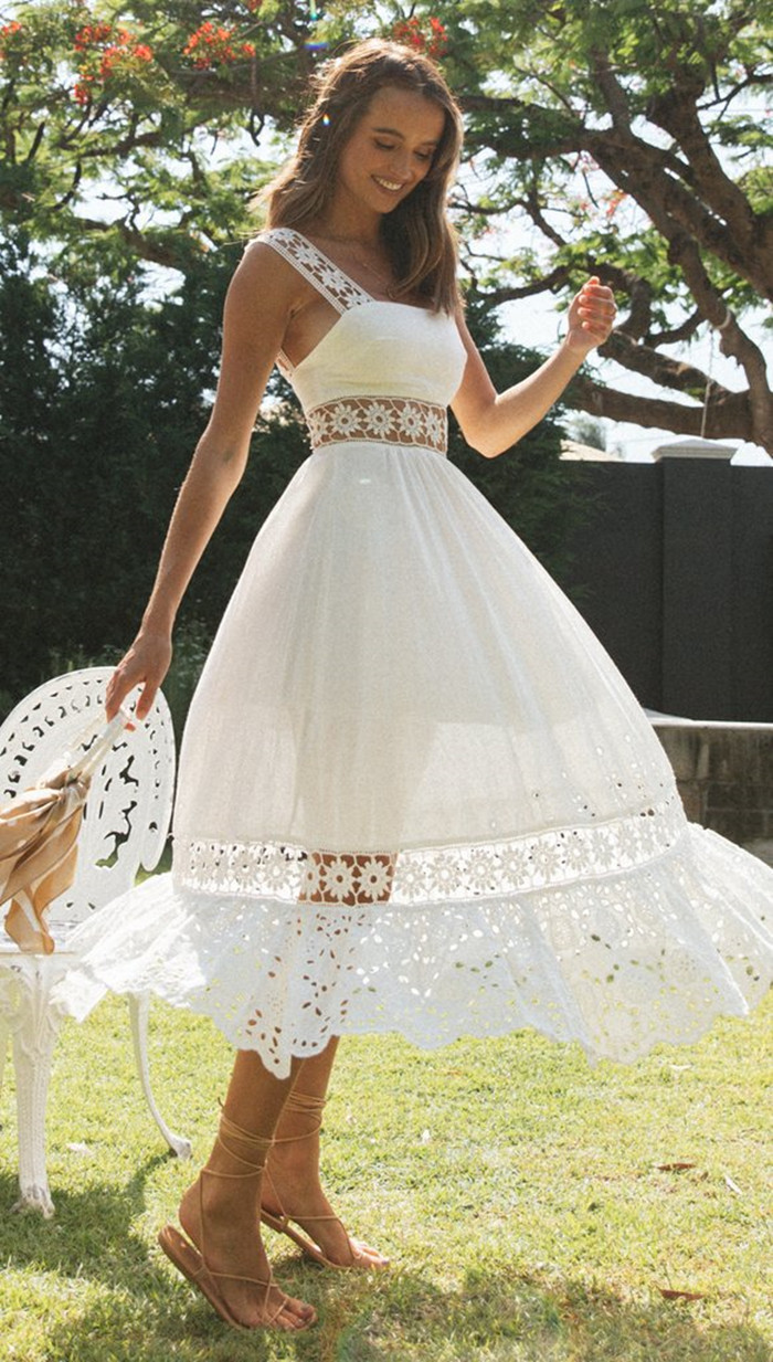 Long  Lace Stitching Big Swing Bohemian White Beach Dress - Bohemian White Beach Dress - Uniqistic.com