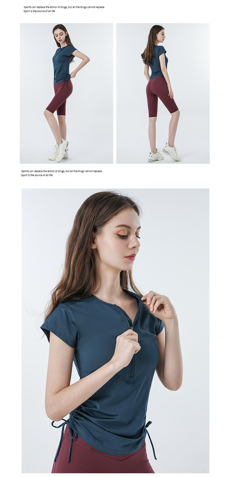 T-shirt à manches courtes à cordon de serrage européen et américain, vêtements de yoga, haut pour femmes, vêtements de fitness, de course à pied, slim et minces_voghion.com