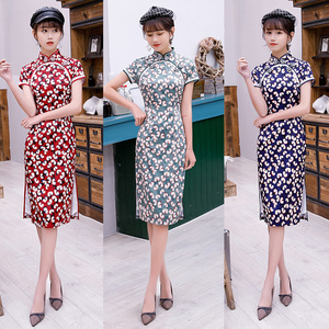 Chinese Dress cheongsam for womenLong double layer sleeve high slit cheongsam dress