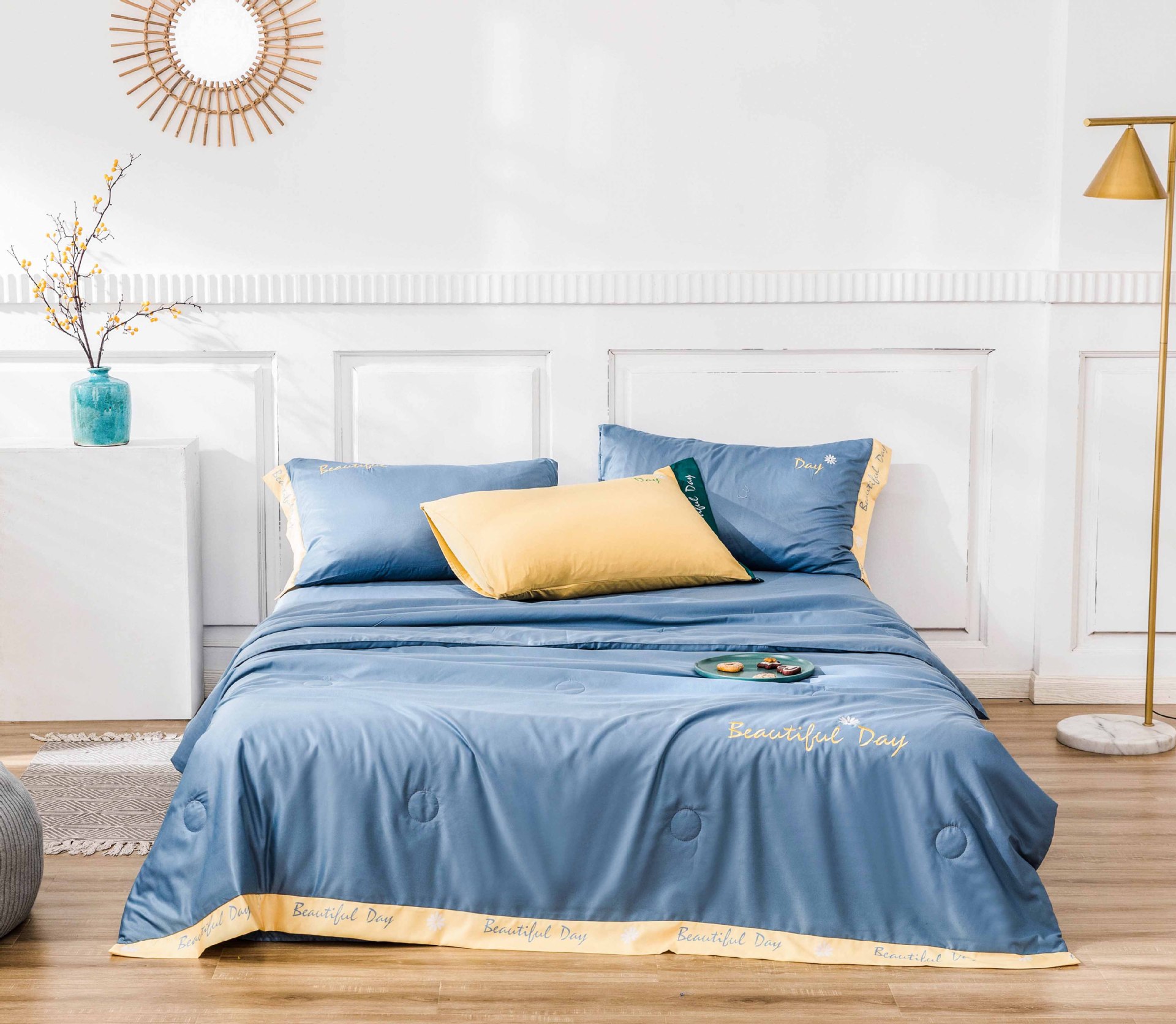 夏凉季新品厂家批发简单色简约刺绣加宽边工艺水洗真丝夏被四件套