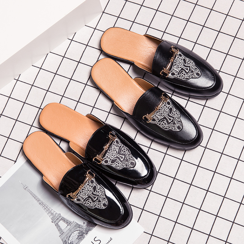 2021 Spring/Summer New Loafers Shiny Leather Half Slippers Trendy Breathable Casual Men's Shoes Fashion Embroidery_vogvips.com