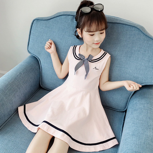 Girls Summer Sleeveless Dress Korean Style College Style Skirt Girls Small Fragrance Style Skirt Cotton School Uniform Class Clothing Children's Clothing