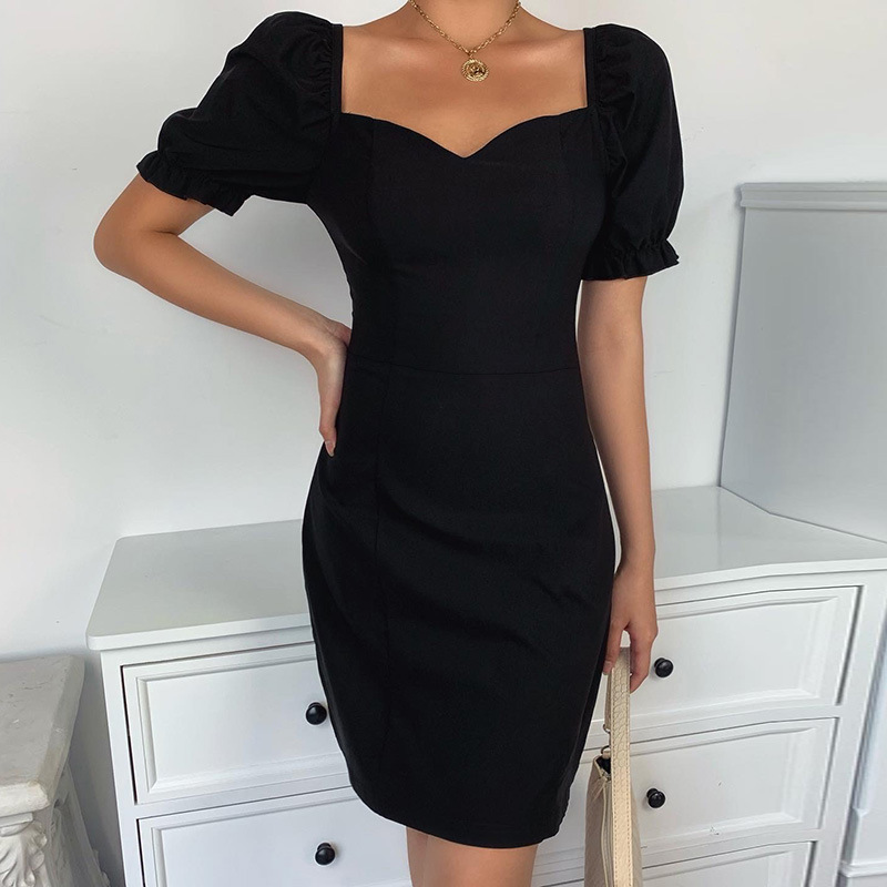 solid color V-neck puff sleeve sexy tight-fitting dress NSXE38780