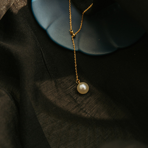 Tasaki Style Copper Plated 18K Real Gold Adjustable Y-Pearl Necklace for Korean Women, Neck Accessory, Choker