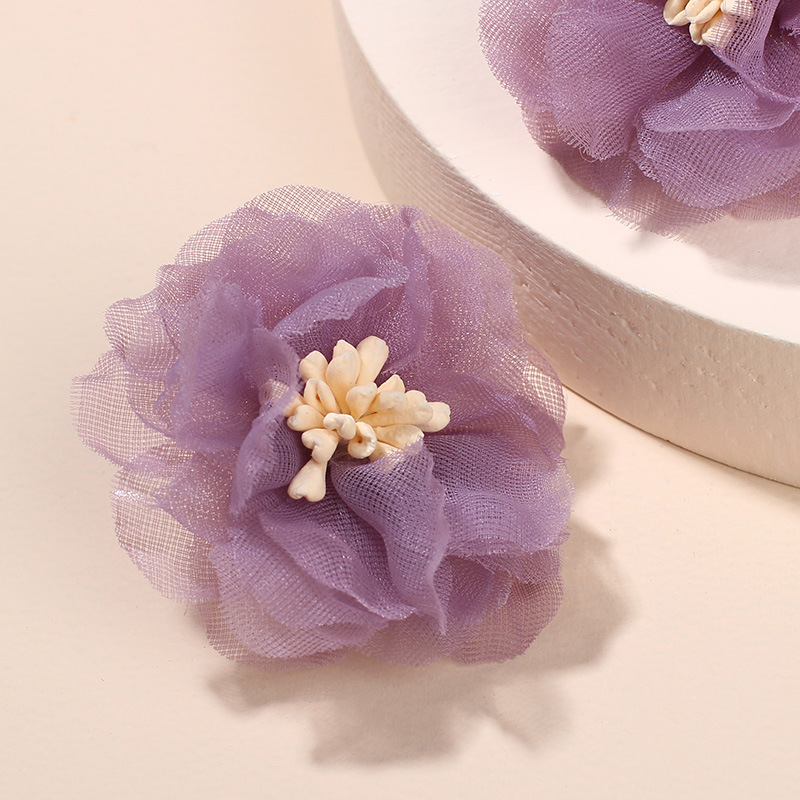 3g Weight Earrings Classification Housewarming, Anniversary, Business, Wedding, Travel, Birthday, Festival Occasion Chiffon Material Flower Pattern Women'S Gender Simple Style Style Purple, Green Color Korea Three-dimensional Mesh Chiffon Flower Retro Port Style Purple Earrings Wholesale 6