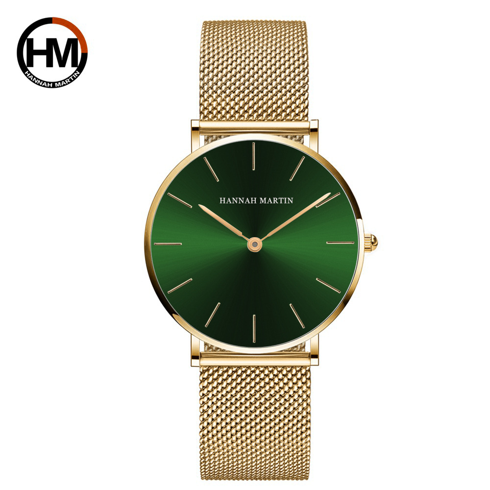 日本机芯36mm钢链防水手表 绿面金色带时尚休闲纤薄机身女士手表