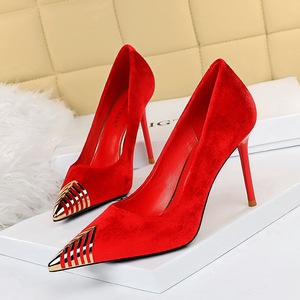 6826-13 European and American wind fashion sexy nightclub fine suede shallow mouth metal point single shoe with high hee