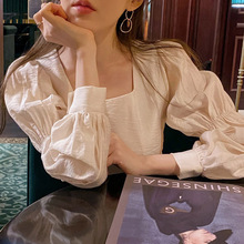 韩国chic甜美超仙复古显瘦方领抽褶泡泡袖上衣减龄长袖衬衫女