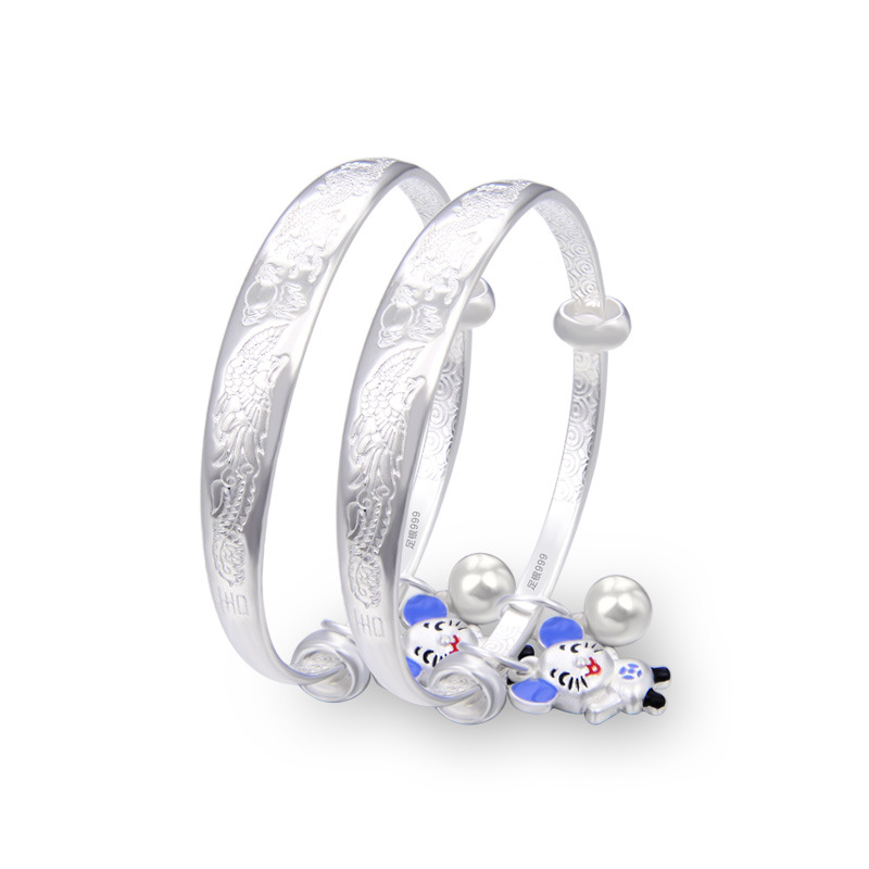 Pulsera de plata bebé S999 plata esterlina dragón y Phoenix plata pura pulsera de plata sólida niños y niñas un mes de edad regalo