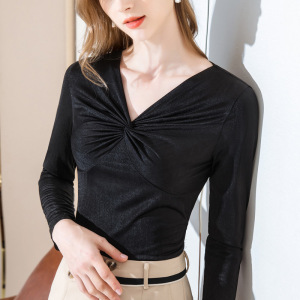 长袖t恤女秋装2020年新款女丝滑洋气小衫蝴蝶结褶皱潮流v领打底衫