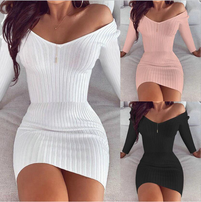 European and American Spring and Autumn wish New Dress Sexy Elegant V-neck Solid Color Slim-fit Vertical Long Sleeve Dress