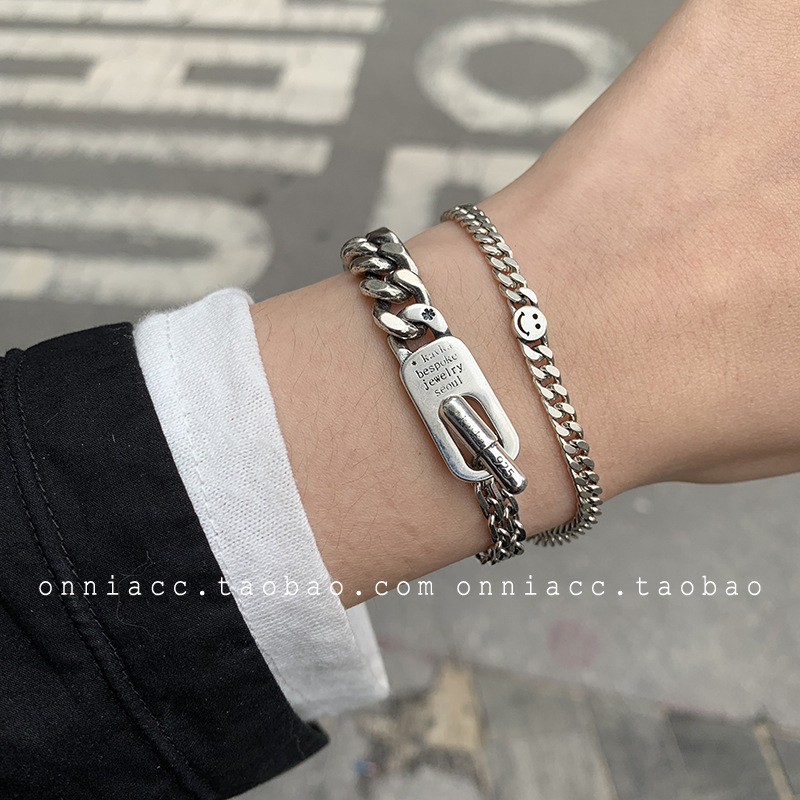 Korean Dongdaemun Smiley Face Basic Tank Chain Bracelet s925 Silver Custom Thai Silver Chain Personality Exaggerated