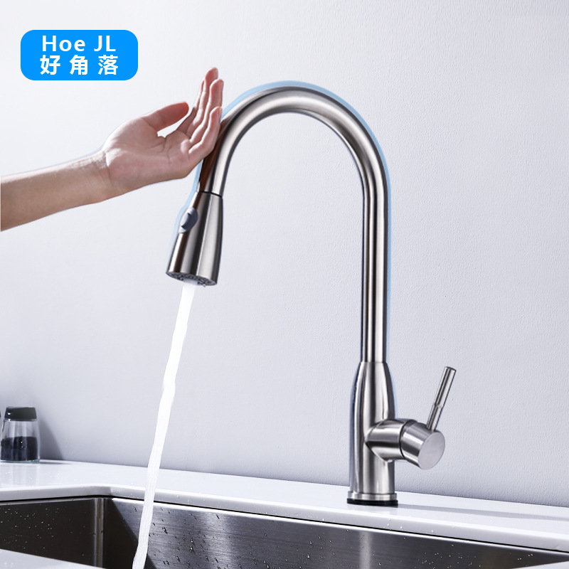 加工定制厨房抽拉式水龙头不锈钢洗伸缩智能触碰感应龙头外贸热款