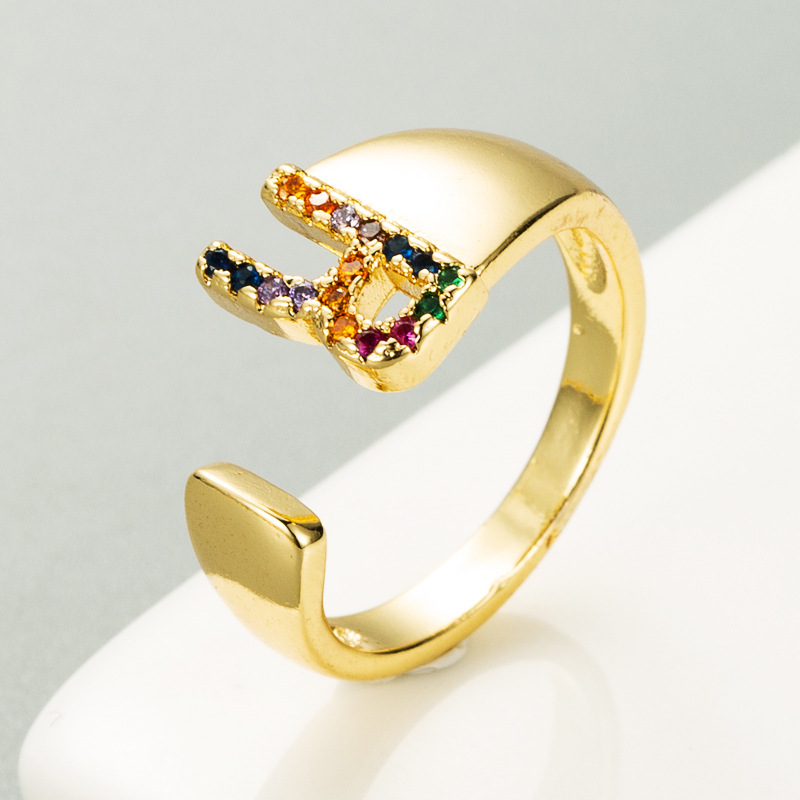 Copper Gold Micro-inlaid Zircon Letter Open Ring display picture 10