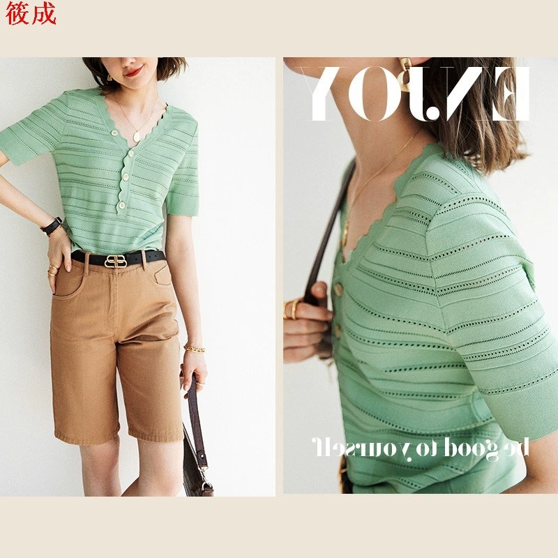 Летняя блузка в гонконгском стиле [Высокое качество привлекает постоянных покупателей] Изящная блузка во французском стиле с 16 стежками S31067, универсальная