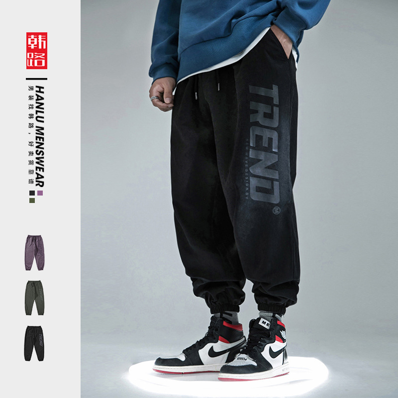 韓路日系男裝 2021春季新款休閑褲男士暗色字母印花束腳哈倫褲