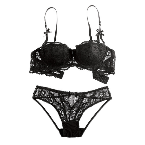 Women's bra set French luxury sexy embroidered black lace small breast half cup thin underwear female Madonna